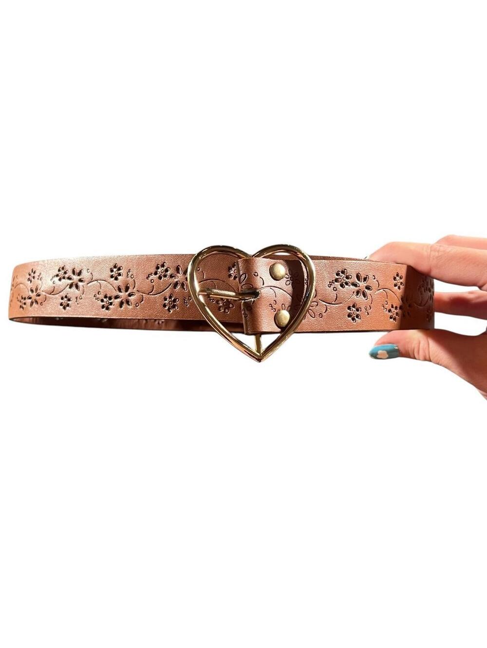 Brown Faux Leather Floral Cutout Heart Buckle Belt